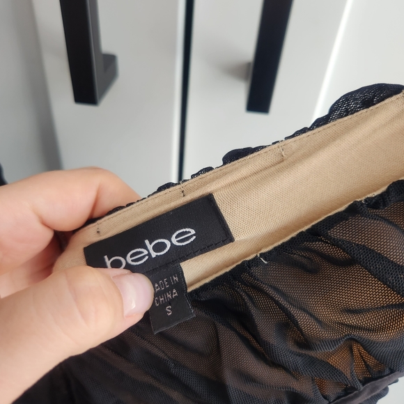 BEBE Black Beige Laca V Neck Bodycon Mini Dress Small Stretchy - Picture 8 of 12